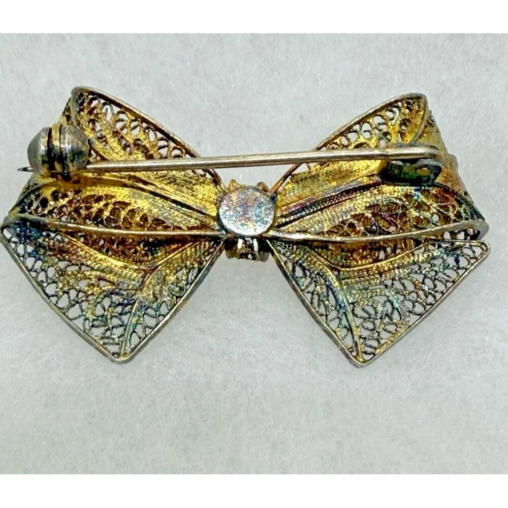Vintage Sterling Silver Filigree Bow Brooch‎ Gold Wash Gilded Victorian Pin